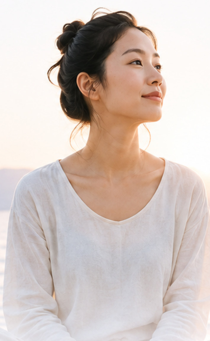 A woman in loose cream linen sitting cross-legged beside a calm lake at sunrise, looking up towards the light