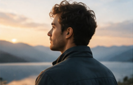 A man outdoors at dusk beside a lake, mountains behind him.