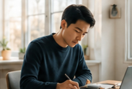 A young man at a desk writing beside a laptop, a bright window behind him.