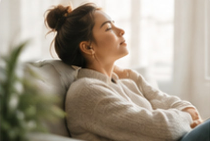 A woman reclining on a sofa under a knit throw with her eyes closed.
