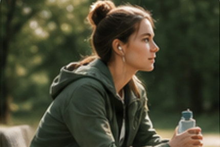 A woman outdoors in a green jacket holding a water bottle.