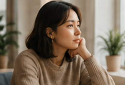 A woman seated indoors, chin resting on her hand, looking away.
