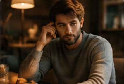A man at a table at night by a warm lamp, one hand at his temple.