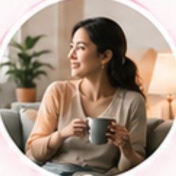 A woman on a sofa holding a mug in the evening, a plant and a lamp behind her
