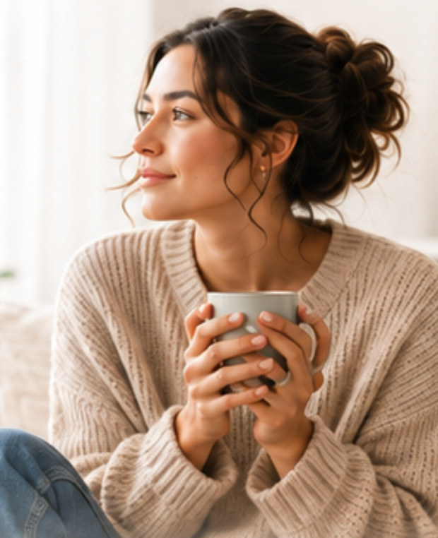 A woman in a cream cable-knit sweater sitting on a pale sofa, holding a mug in both hands and looking up.